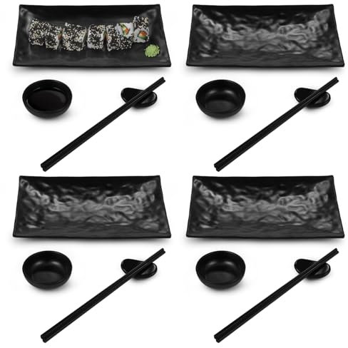 YOFAPA 16 PCS Sushi Plate Set for Four People, 4 Japanese Style Sushi Plates, 4 Soy Sauce Bowls, 4 Pairs Chopsticks, 4 Chopstick Holders Sushi Dinner Dinnerware Kit