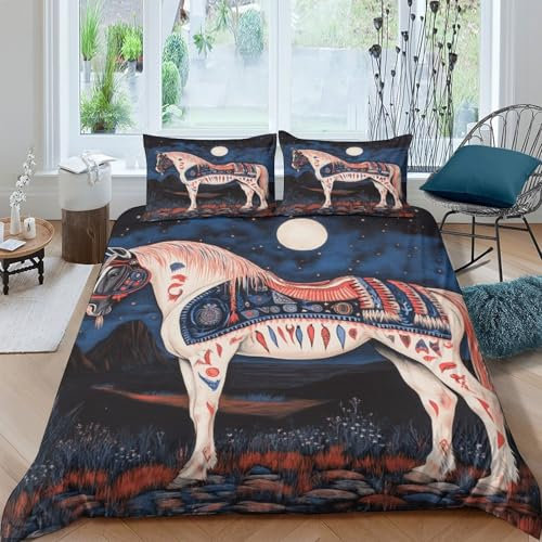 kaiyun Cavallo Set Copripiumino Completo Stampata Con Federe Microfibra Full Luna 3D Stampa Set Biancheria Da Letto Adolescenti King（220x240cm）