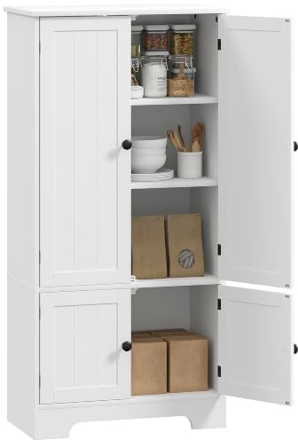 HOMCOM Credenza da Cucina 4 Ante 2 Armadietti Mobile 58.2x30x123 cm Bianco | Soggiorno, Salotto, Ripiano Regolabile, Dispositivo Antiribaltamento