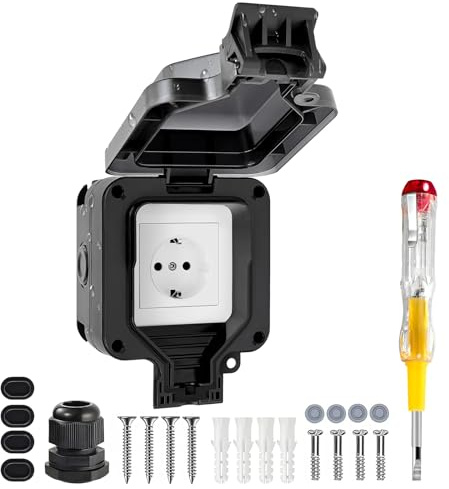 Vonsera Presa da Esterno IP66 Impermeabile, Prese Elettrica da Muro con Coperchio Incernierato, Presa Singola per Esterni adatta ad Ambienti Umidi e Giardini, Nero