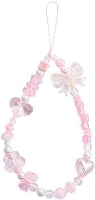 Opemg Handyanhänger mit rosa Perlen, Handy-Umhängeband, Handschlaufe, kurzes Seil, Handschlaufe, niedlicher Zellen-Anhänger