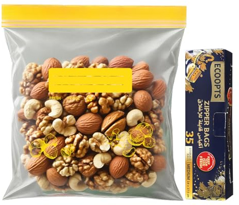 Medium Size Food Storage Freezer Bags by ECOOPTS | Double Zipper Lock&Easy to Open Fresh Keep Bags| Ultra Stong Reusable, BPA Free 24×27.5cm/Bags(35, M)