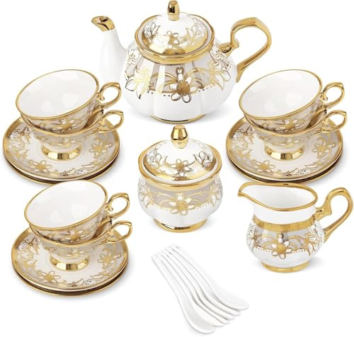fanquare Juego de Té de Porcelana de 21 Piezas con Crema de Azúcar, Taza y Platillos para 6, Juego de Café Floral Real con Borde Dorado para Regalo de Cumpleaños y Aniversario de Boda