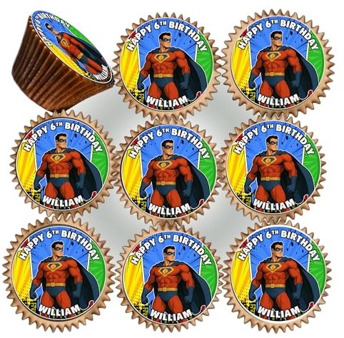30 x YOUR FAVOURITE SUPERHERO BIRTHDAY PERSONALISED EDIBLE ICING 3.8 cms CUPCAKE TOPPERS DECORATIONS SV-35