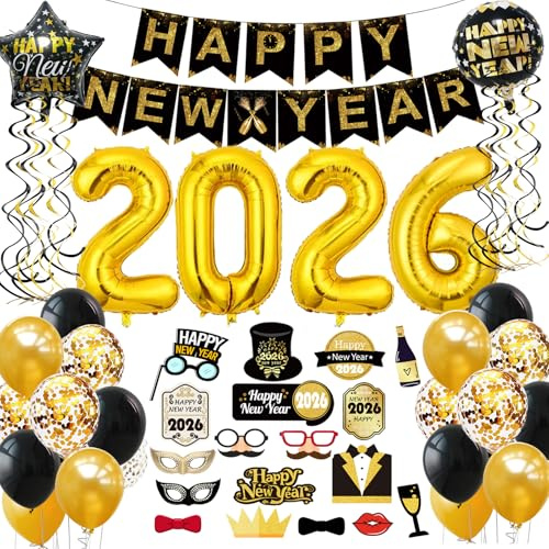 Silvester Deko 2026 Set,Neujahr Silvesterdeko Schwarz Gold, Happy New Year Deko-Happy New Year Banner, Gold Zahlen 2026 Ballons,Fotorequisiten, Folienballons für Silvesterparty