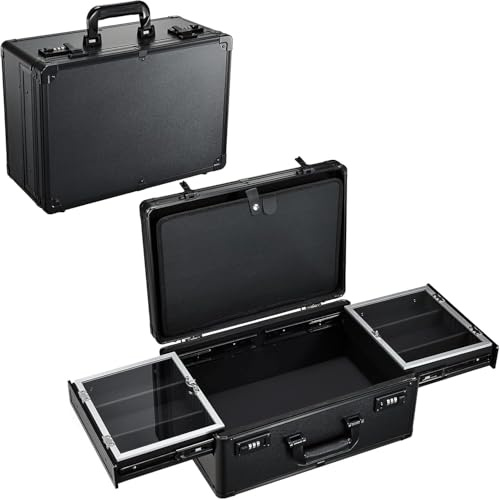 Profesional Barbers Briefcase Barber Case with 2 Clippers Sliding Trays Tool Box Salon Accessories Case for Hair Clippers Hair Scissors Trimmer Suitcase with Code Lock and 2 Trays, Black