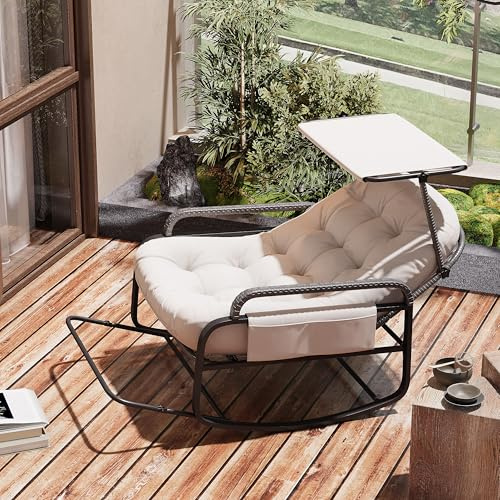 SUNFECILI Gungstol med justerbart ryggstöd, rottingfåtölj med soltak, relaxstol med vadderad sittdyna och förvaringsväska, svängfåtölj, gungfåtölj (beige)
