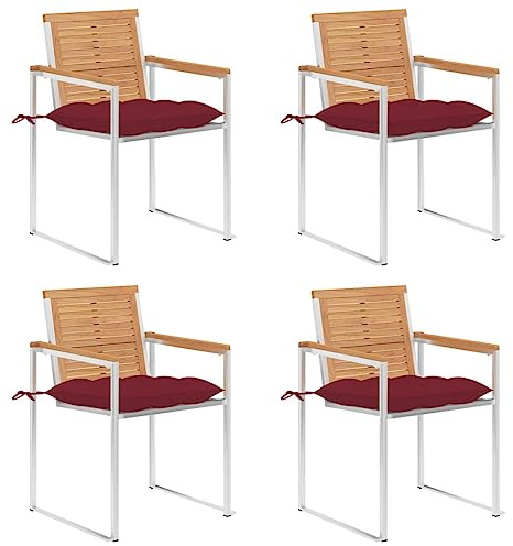 Mokuyary Trädgårdsstolar, set om 4 med kuddar, massivt trä, teak, balkongstol, terrassstolar, matstolar för terrass, trädgård, balkong – R