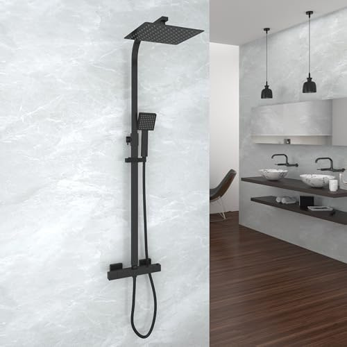 Plumbsys Thermostatic Shower Mixer Set, Square Black Shower System with 10 Overhead Shower Head, Brass Cartridge