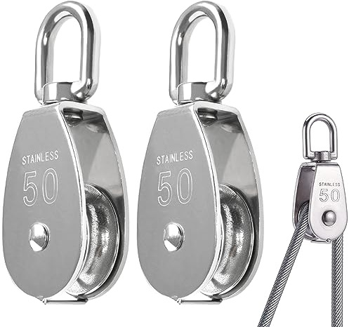 2PCS Heavy Duty Single Pulley M50 Pulley System Stainless Steel Pulley Wheel Set Pulley Roller 360 Degrees Swivel Pulley Block Cable Pully Block Pulley Roller Heavy Duty for Ropes Bear - 400KG Each