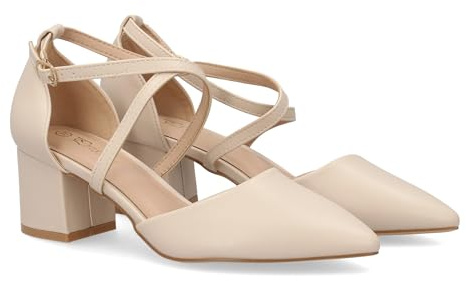 99435 Zapato de Tacon Medio para Mujer con Diseno Elegante de Tiras Cruzadas, Punta Fina, Cierre de Hebilla. Tacon Ancho y Comodo, Ideal Diario u Ocasiones Especiales. Talon Cerrado. Beige Talla 40