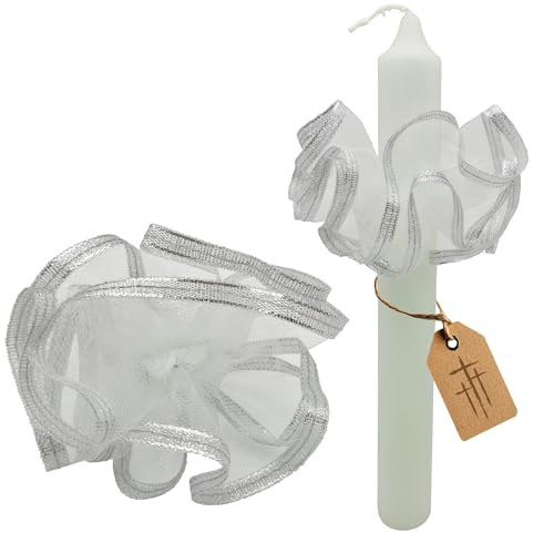 Lunexus Tropfschutz Kerzenmanschette Tüll Ø 1-4,5 cm - Weiß-silber | Wachsfänger für Stabkerzen, Taufkerze, Kommunionkerze - mit Metallicrand - für Taufe, Kommunion, Hochzeit, Firmung