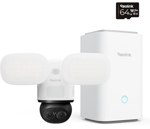 Reolink TrackFlex Floodlight WiFi mit Home Hub, 4K Wi-Fi 6 PTZ Überwachungskamera Aussen, 3000 Lumen Flutlicht, Auto-Tracking-Zoom, Lokaler KI-Videosuche, 270° PIR-Erkennung, inkl. 64GB microSD-Karte