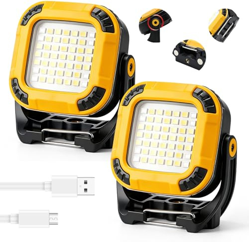 Probuk 2 Pack LED Rechargeable Work Light 1000 Lumen with Type-C Charging, Cordless Flood Light, Magnetic Base & 180° Swivel, 4 Modes Portable Site Light for Garage Workshop Camping