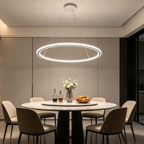 Bellastein Runde Moderne LED-Pendelleuchte,Dimmbar mit Fernbedienung Modern Beleuchtung Hängeleuchte Moderne Esstischlampe Hängend Höhenverstellbar für Esszimmer Küche Wohnzimmer office (Weiß, Ø80cm)