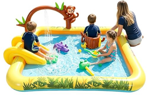 Piscina Gonfiabile Per Bambini - Piscina Spray Per Animali Della Giungla Da 84,25 Pollici | Acquatico Estivo All'aperto Con Scivolo | Pisčina Per Bambini Ovale Poco Profonda In PVC. Attacco Per
