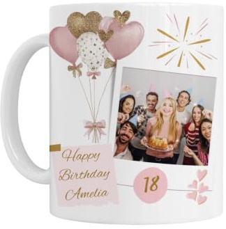 Personalised Birthday Photo Mug, Pink and Gold Balloons Design, Gift for 18th 21st 30th 40th 50th 60th 70th 80th, White Ceramic