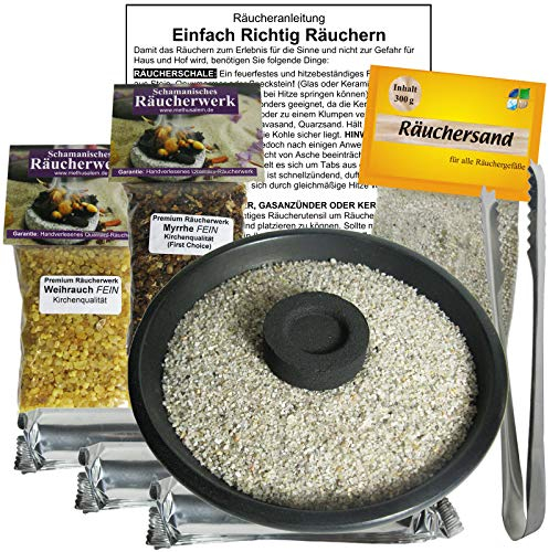 Räuchern-Starter-Set 9-TLG für jedes Räucherwerk. Mit Weihrauch & Myrrhe zum Räuchern + 30 x Räucherkohle + Räucherzange + 12cm Räucherschale + ZUBEHÖR + Anleitung. 81116-7S12