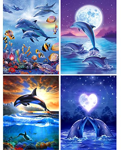 UNIVERTEN Diamond Painting Set, 4er Diamant Bilder, DIY 5D Painting Kinder Erwachsene, Malerei Kits, Kristallartiges Kreuzstichset für Home Wall Décor, Delfin(30×40cm)