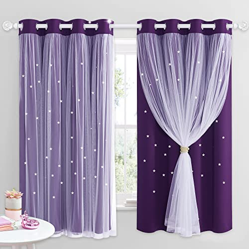 NICETOWN Blackout Curtains for Bedroom - Star Cut Out Nursery Purple Thermal Eyelet Window Treatment Curtains with Voile for Boys Girls Kids Room Decoration, 2 Panels, W52 x L54 Inch (132x137 cm)