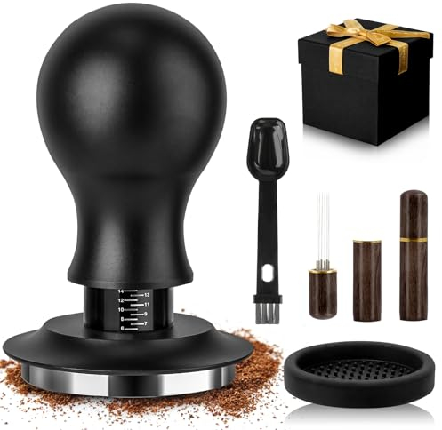 Coffee Tamper Set, Coffee Tamper 53mm, Calibrated Spring Loaded 53mm Tamper with 30lbs Contact Pressure, WDT Tool Espresso with Stand, Silicone Mat, Coffee Spoon, Gift Box