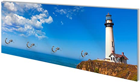 Wallario Wandgarderobe aus Glas in Größe 80 x 30 cm mit Memoboard-Funktion, Motiv: Leuchtturm auf einem Felsvorsprung - Blauer Himmel | 5 Kleiderhaken zum Aufhängen von Jacken