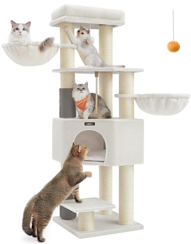 Feandrea Cat Tree for Large Cats, Heavy-Duty Cat Tower with Self-Warming Pads, 2 Self-Groomers, 9 Scratching Posts, Large Perch, Cave, Baskets, 50 x 50 x 160 cm, Cream White and Beige PCT003W02