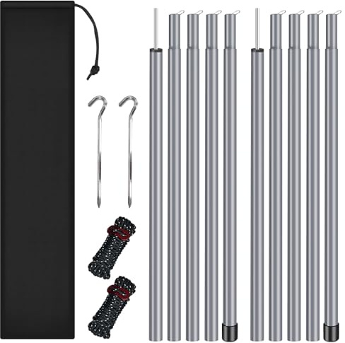 wiipara Zeltstange 2er Set, Teleskopstange mit Erdnägeln und Abspannseilen | Leichte Aufstellstangen für Zelte & Tarp, Verstellbar 80-190cm, Aluminium Sonnensegel Stange Camping Tarpstangen mit Tasche