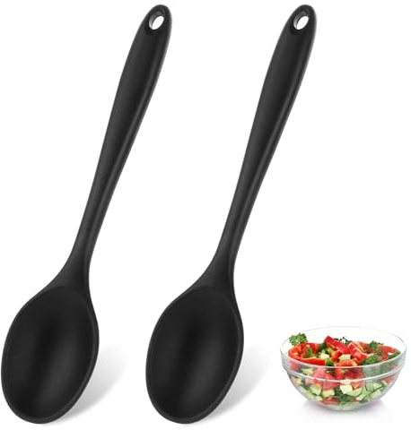 Giantree 2 Pcs Black Nonstick Silicone Spoons, Heat Resistant Kitchen Spoons Small Silicone Spoons Dishwasher Safe for Baking, Frying, Flipping, Mixing, and So on(2 Dense Spoons)