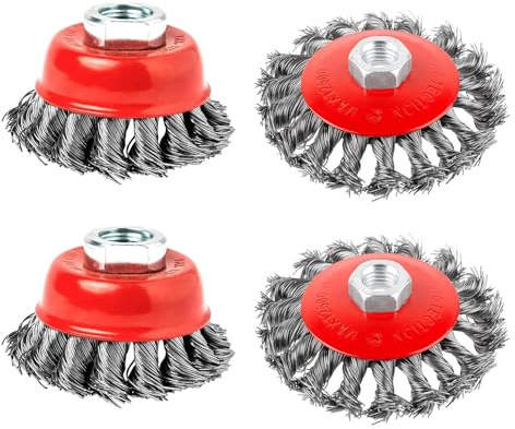 KJLEEN Lot de 4 brosses métalliques à nœud torsadé pour meuleuse d'angle de 115 mm avec filetage M14, brosse métallique de 75 mm de diamètre 100 mm, brosse métallique pour enlever la rouille et