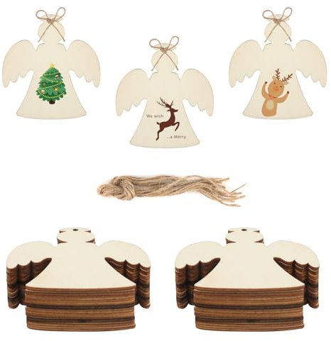 50pcs Wooden Angel Christmas Ornaments, Unfinished Wood Christmas Decorations with Hole for Painting, DIY Crafts