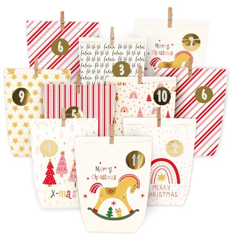 Adventskalender zum Befüllen, Weihnachtskalender zum selber befüllen, 24 Bedruckt Adventstüten zum selbst füllen, Geschenk Papiertüten mit Zahlen Aufkleber zum Selbstbefüllen (Rot)
