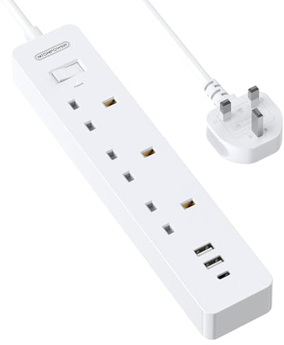 NTONPOWER Extension Lead，3 Gang Extension Lead with USB C,Surge Protection Switch Plug Extension with 1.5M Extension Cord for Home, Office