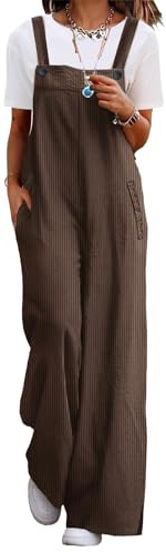 YESNO Women's Casual Corduroy Overalls Adjustable Straps Baggy Pants Wide Leg Jumpsuits with Pockets L PC2UK Coffee