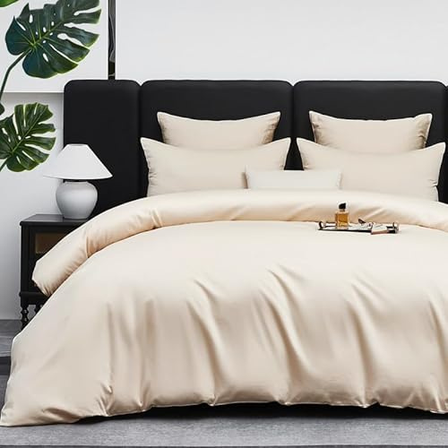 Gezu Copripiumino in cotone 240 x 260 cm, raso di cotone, beige seta setosa, lucido, set da letto in cotone a fibre lunghe, biancheria da letto con cerniera e 2 federe 65 x 65 cm
