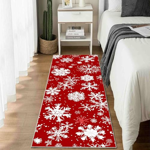 Dppyuxa Läufer Teppich Weihnachten Schnee Küche & Flur, Rutschfester | und Waschbarer Küchenläufer Lebkuchen Stern Dekoration Flurteppich Lang Winter Dekoration Küchenteppich 60x240 cm