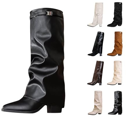 Cowboy Boots Women's Elegant Heel Wide Western Boots Winter Waterproof Wide Shaft Lined Knee High Riding Boots Thick Wide Shaft Comfort Fashion Dressy Boots, 1 black, 7 UK