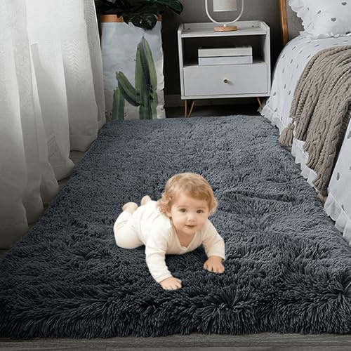 Mjuk Fluffig Matta 140 x 230 cm Fäller Ej Mjuk Och Fluffig Matta Tvättbar för Vardagsrum Sovrum Säng, Mörkgrå