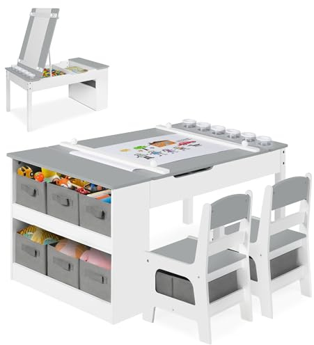 ROCSUMOO Kinder-Kunsttisch-Set mit 2 Stühlen - Holzerner Aktivitätstisch für Kleinkinder mit Verstellbarer Tischplatte, Farbpigment-Eimer und 8 Stoff-Aufbewahrungsboxen (Grau Weiß)