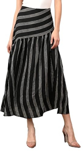 Amazhiyu Women's 100% Linen Stripe Summer A-Line Midi Skirt Elastic Waist Black, Medium