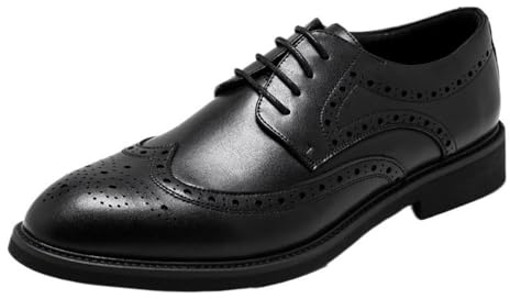 Mens Full Wingtip Brogue Dress Shoes Black Genuine Leather Oxfords Business Formal Derby Lace Up Wedding Party Footwear(7.5)