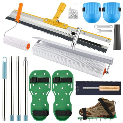 Bodenbeschichtung Entlüftungsroller Set, Professionelles Entlüftungs-Set für Bodenbeschichtung mit 46cm Stachelwalze, 56cm Edelstahl-Rakel, Nagelschuhen, Handschuhen & Teleskopstange