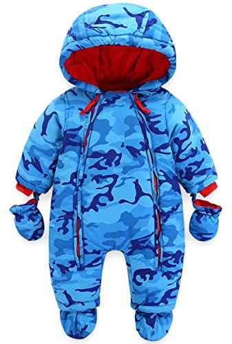 JiAmy Baby Winter Overall Mit Kapuze Jungen Schneeanzüge mit Handschuhen und Füßlinge Warm Kleidungsset 6-9 Monate