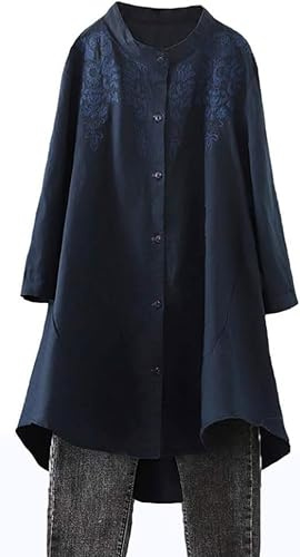 Minibee Chemisier brodé à Manches Longues en Coton et Lin pour Femme, Bleu Marine, Taille L