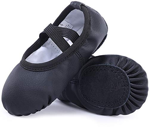 Ballet Shoes Leather Ballet Flats Split Sole Dance Slippers for Girls Toddlers Women Black 1 UK (33 EU)