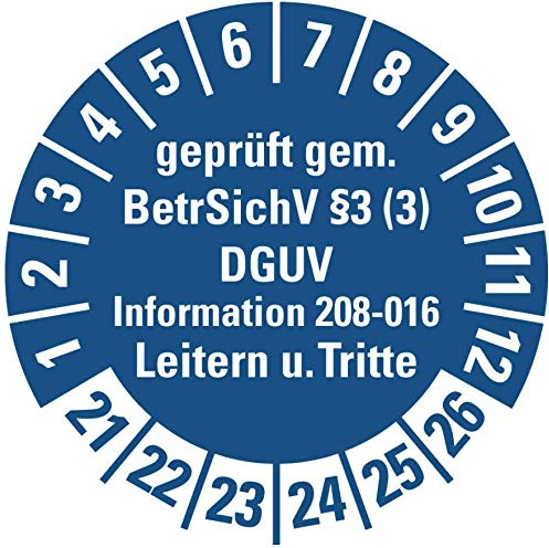 100 Stück - Prüfplakette Mehrjahresprüfplakette geprüft gemäß Leitern/Tritte,BetrSichV §3 | 21-26 Etikett Folie Aufkleber, blau | Ø15-40mm Made in Germany, Größe: Ø40 mm