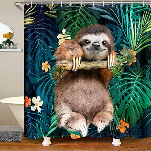 Kinder Niedliches Faultier Duschvorhang 180x180cm Karikatur Tier Badewanne Badvorhang Dekor für Mädchen Lustiges Fabeln Faultier Tropische Blätter Blumendruck Duschvorhang Textil Tier Naturthema