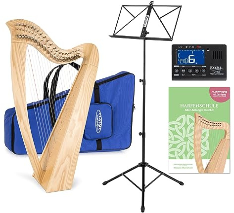 Classic Cantabile H-22 Keltische Harfe Set - Celtic Harp mit Halbtonmechanik - 22 Saiten - In Es-Dur gestimmt - inkl. Tasche, Schule, Notenständer und Stimmgerät & 2 Stimmschlüssel - Höhe: 83,5 cm