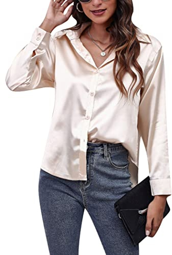 OMZIN Donna Manica Lunga Button Down Camicia Raso Unicolore Camicetta Casual Sciolto Top Beige 3XL