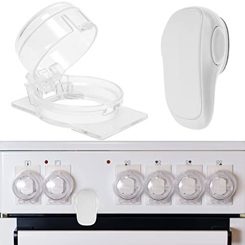 Herd Kindersicherung Set, für 6 Knöpfe, transparenter Kleber, mit Backofentür Babysicherung in Weiss, für max. Ø 4,9 cm und 4 cm hohe Herdknöpfe mit min. 6,1 cm Abstand Mitte-Mitte, Herdschutz Kit